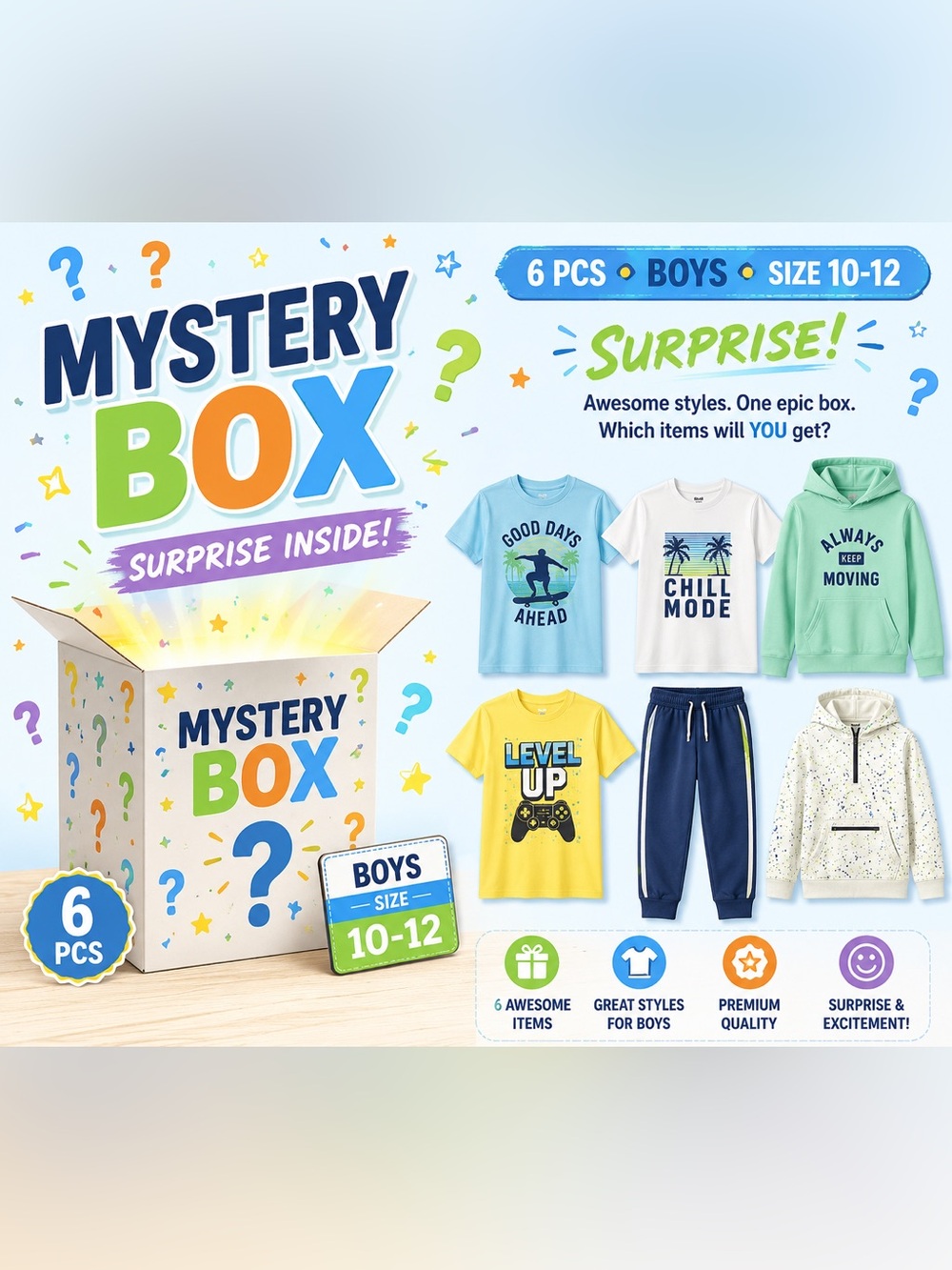 Boys Mystery Box Bundle – 6 Pieces – Size 10–12 Surprise Clothing Mix